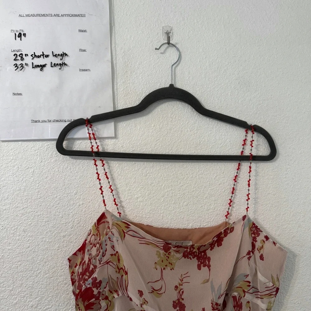 ICE Silk Top L Floral Asymmetrical Ruffle Cami Pink Red Beaded Fairy Ethereal - Picture 4 of 4